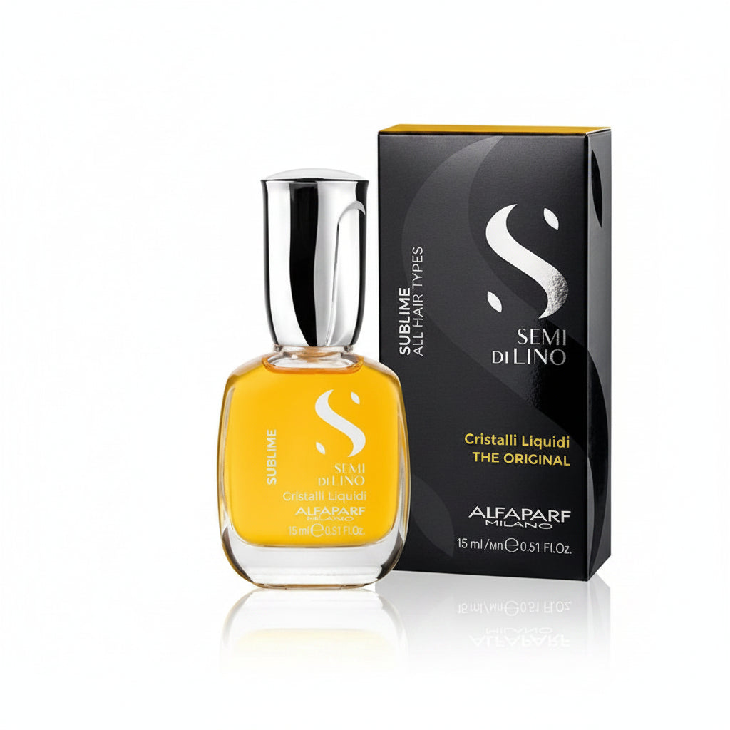 Frasco de suero capilar Alfaparf Semi Di Lino Cristalli Liquidi de 15ml para brillo extremo y suavidad del cabello.