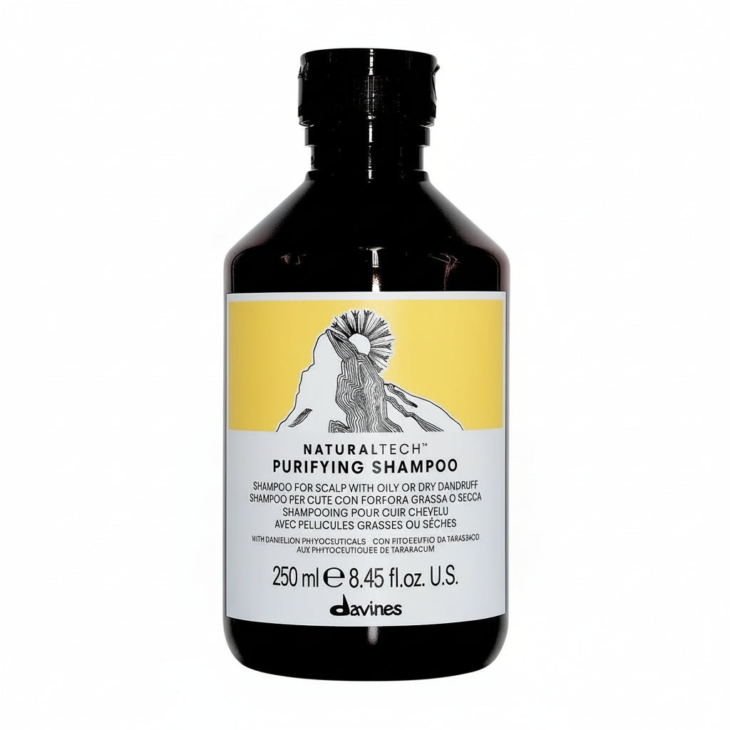 Botella de Davines Purifying Shampoo de la línea Naturaltech, 250ml, para tratamiento anticaspa.