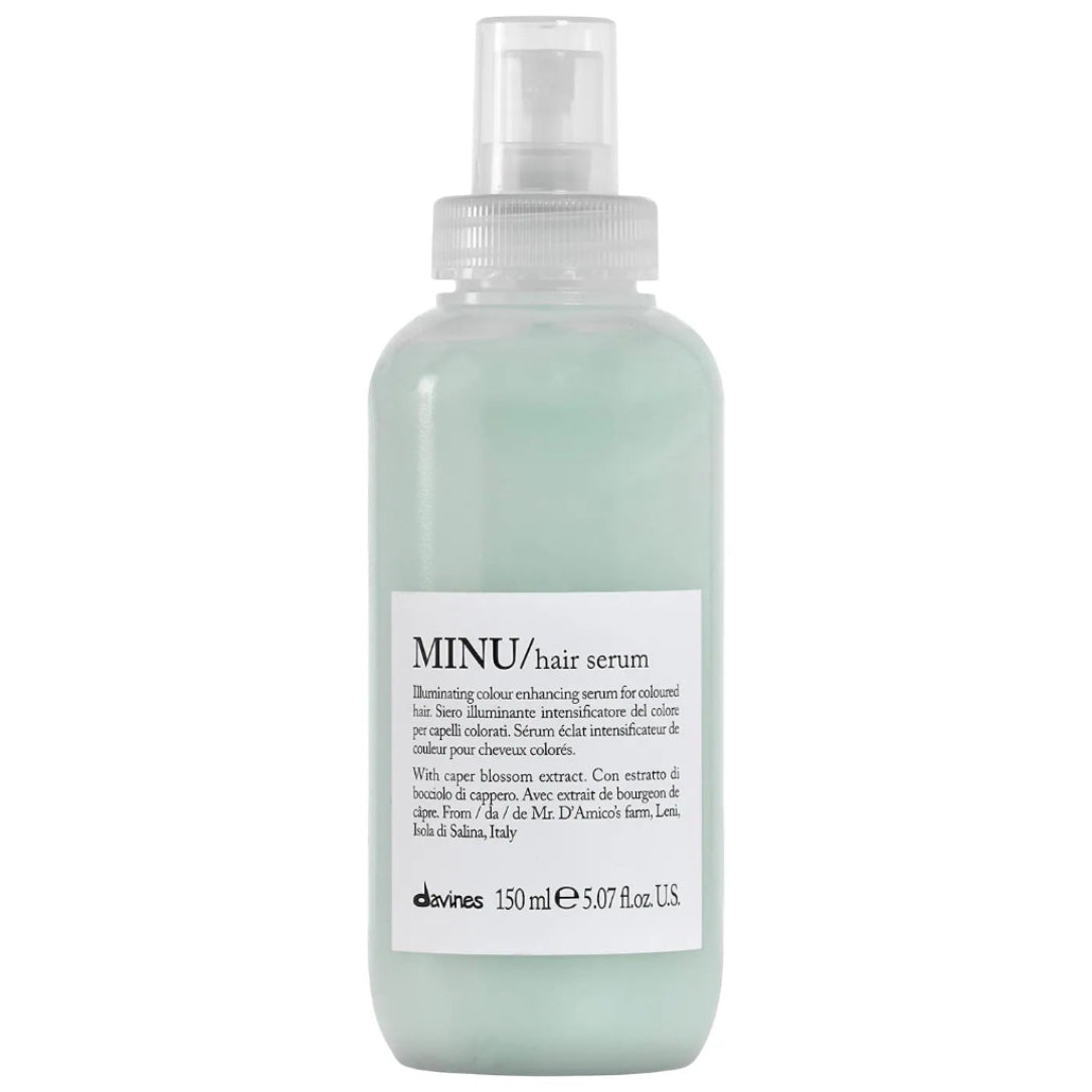 Davines MINU Hair Serum, suero iluminador sin enjuague para cabello teñido.