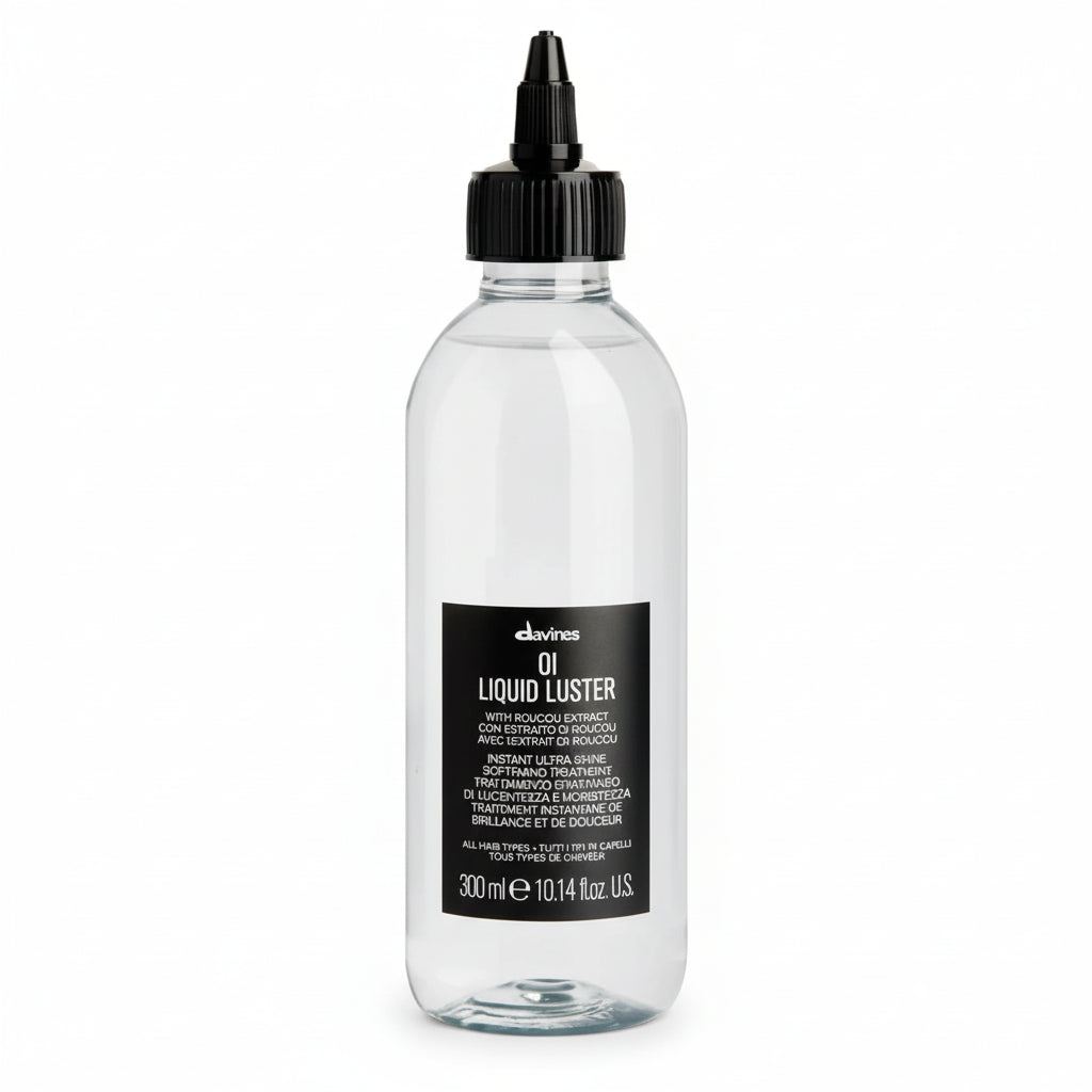 Botella negra y transparente de Davines OI Liquid Luster de 300ml, tratamiento capilar efecto espejo