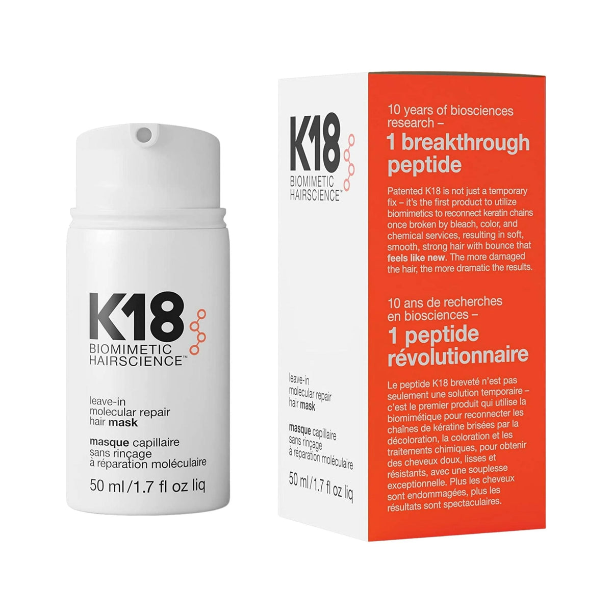 K18 Leave In 50ml Tratamiento de reparación molecular para revertir el daño capilar en 4 minutos.