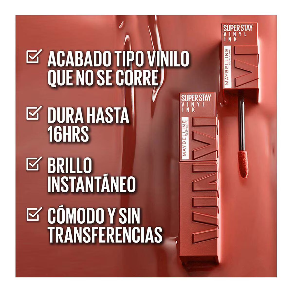 Labial Liquido Brillante_Maybelline Super Stay Vinyl Ink 105 Golden de larga duración no transferible.