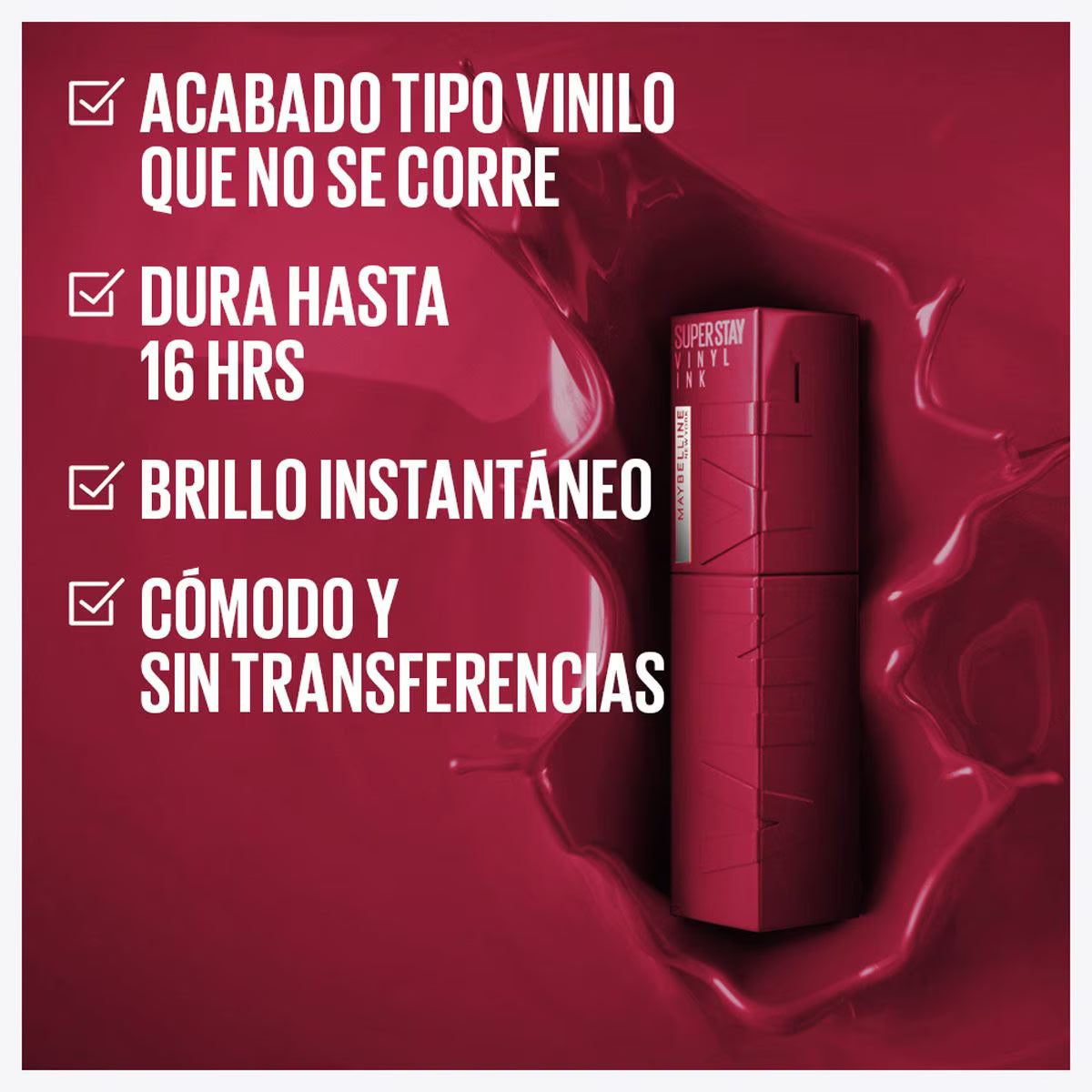 Labial Líquido Brillante, Maybelline Superstay Vinyl Ink 30 Unrivaled, acabado tipo vinilo que no se corre, brillo instantáneo, durabilidad asta 16 horas, sin trasnferencias en panamá