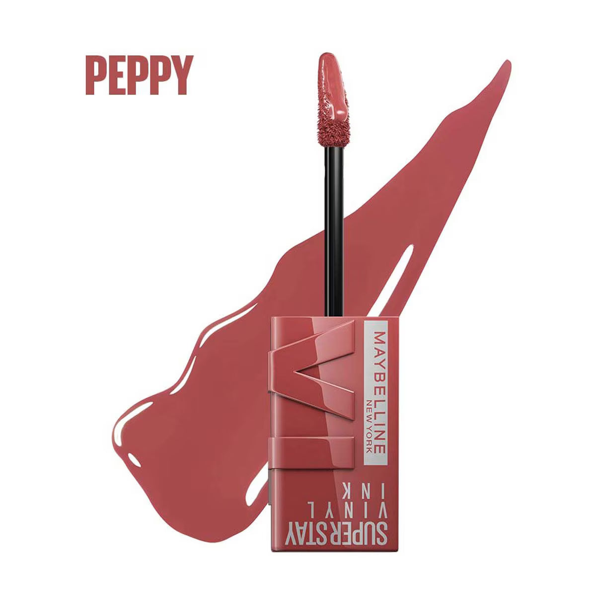 Imagen del labial Maybelline Super Stay Vinyl Ink 115 Peppy, un tono rosa vibrante con acabado brillante, fórmula de hasta 16 horas sin transferencia Panamá