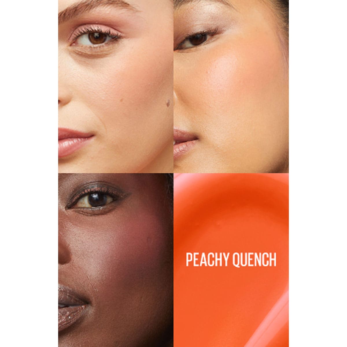 Modelo sonriendo usando el rubor líquido Maybelline Sunkisser Peachy Quench aplicado en las mejillas