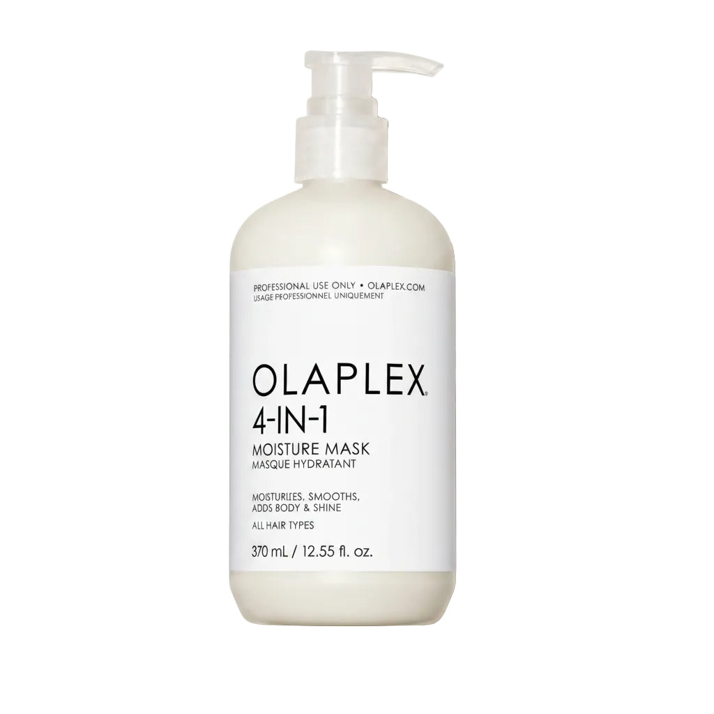 Envase de la mascarilla profesional Olaplex 4 en 1 Moisture Mask con dispensador para hidratación profunda.