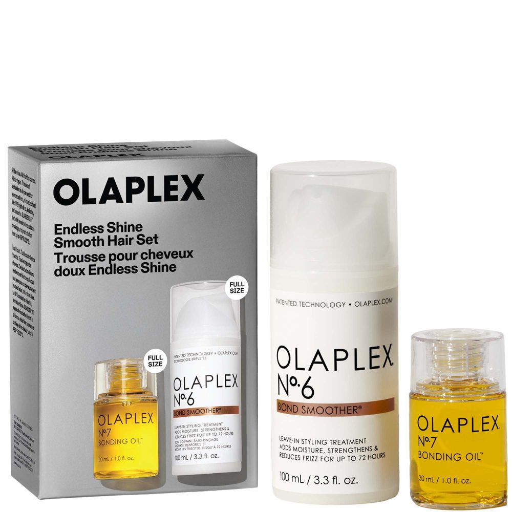 Caja de regalo del kit Olaplex Endless Shine Smooth Hair Set que contiene los productos Nº.6 y Nº.7 a tamaño completo.