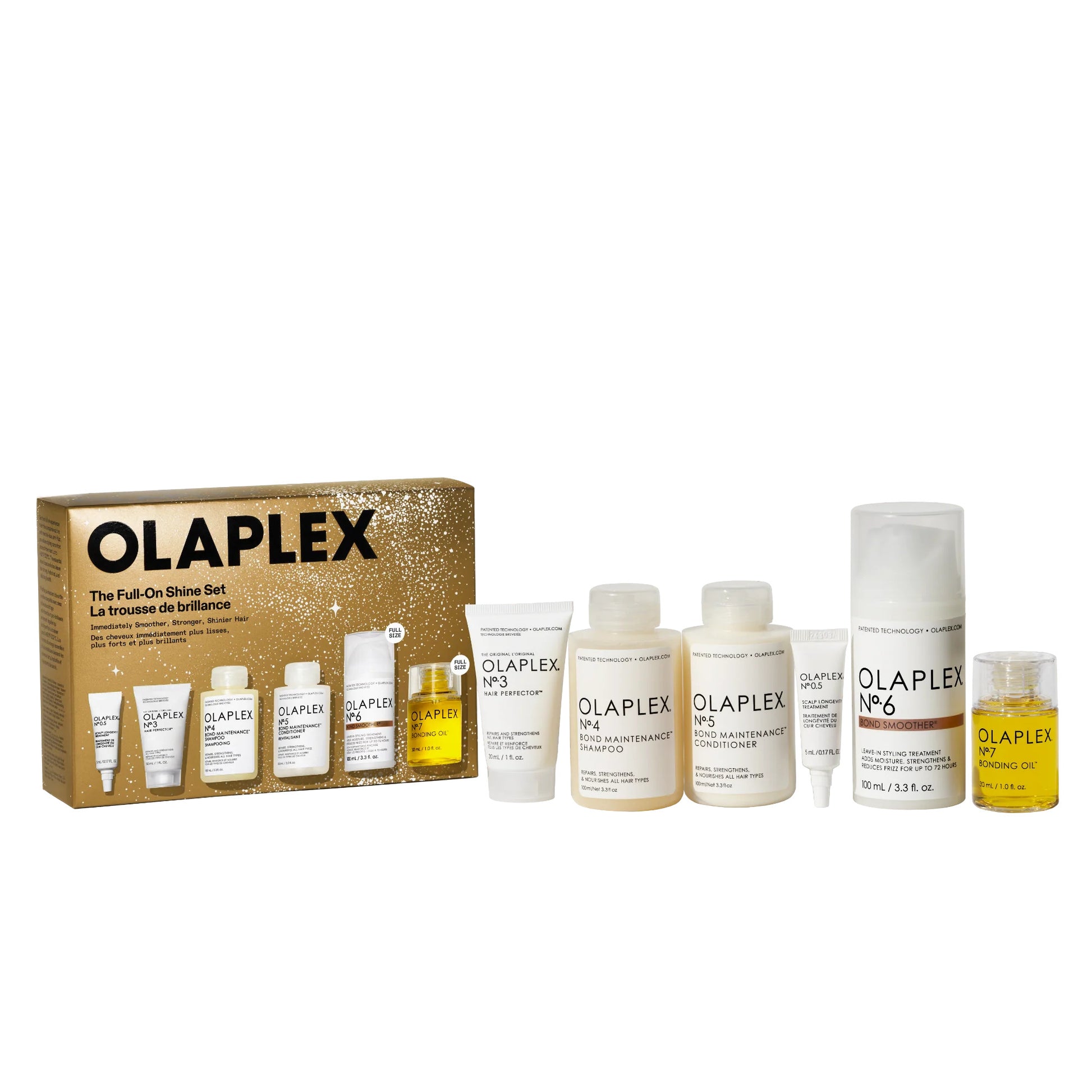 Kit Olaplex The Full-On Shine Set edición limitada 2025 que contiene los pasos N3, N4, N5, N6, N7 y tratamiento de cuero cabelludo N0.5 para un cabello brillante y reparado.