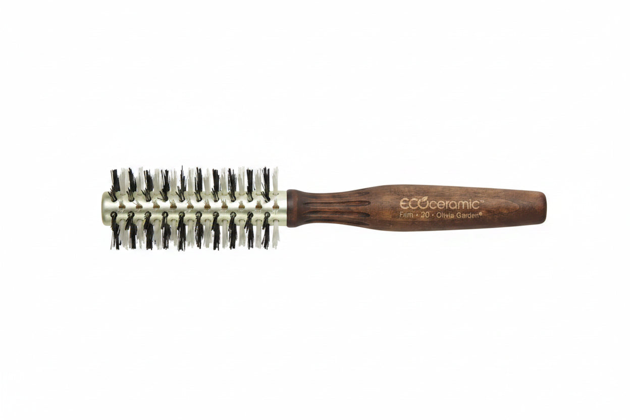Cepillo térmico de madera Olivia Garden EcoCeramic EC-20F de 1.75 pulgadas con cerdas firmes para estilizado de cabello grueso corto.
