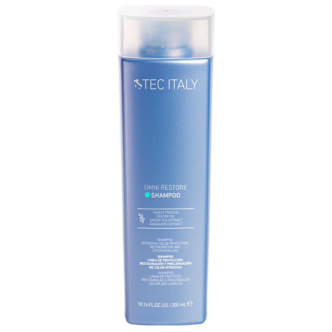  Shampoo restaurador Tec Italy Omni Restore de 300ml sin sulfatos para control de frizz en Majo Belleza Panamá.