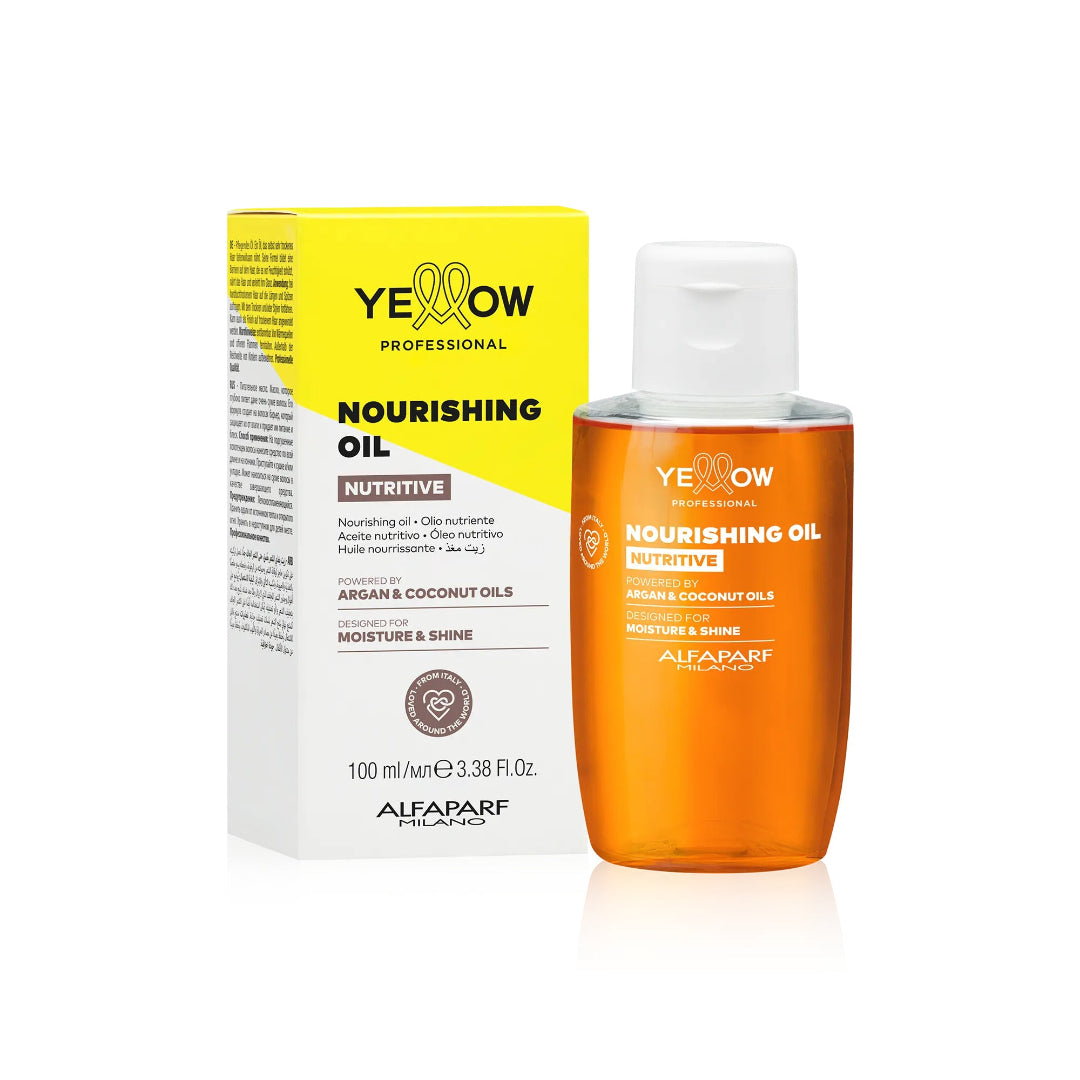 Aceite nutritivo Yellow Professional Nourishing Oil de 100ml con Argán y Coco para protección contra la humedad y brillo intenso en Panamá.