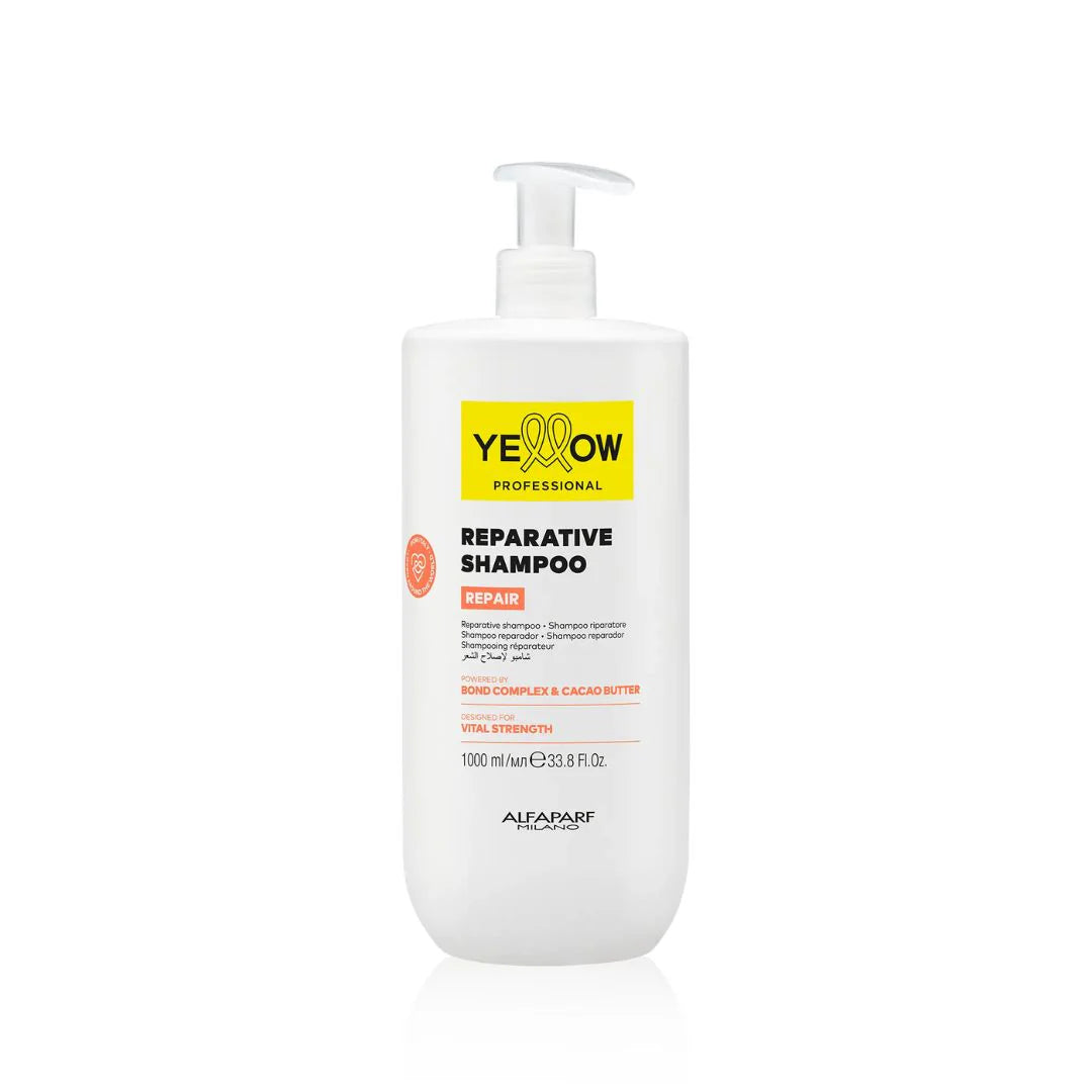 Shampoo reparador Yellow Professional Reparative Repair en presentaciones de 1000ml para cabello dañado y frágil en Panamá.