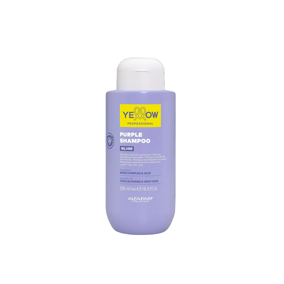 Yellow Professional Silver Purple Shampoo de 500ml para neutralización de tonos amarillos en Majo Belleza Panamá.