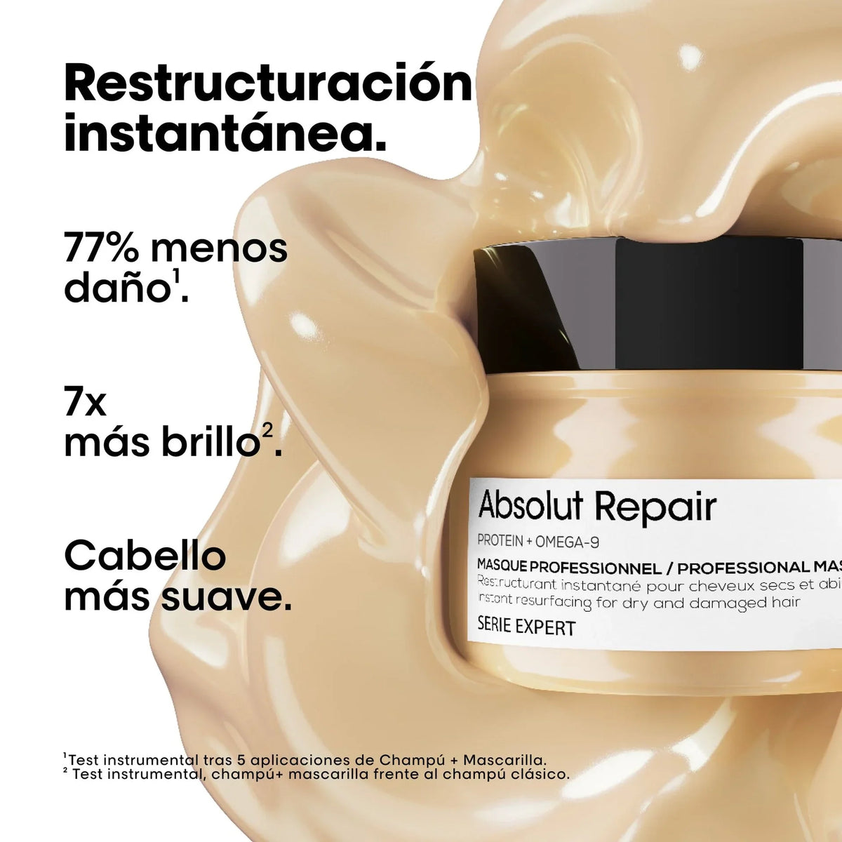 Mascarilla Loreal Absolut Repair 250ml con proteina y quinoa dorada; envase con informacion de formula vegana y libre de sulfatos