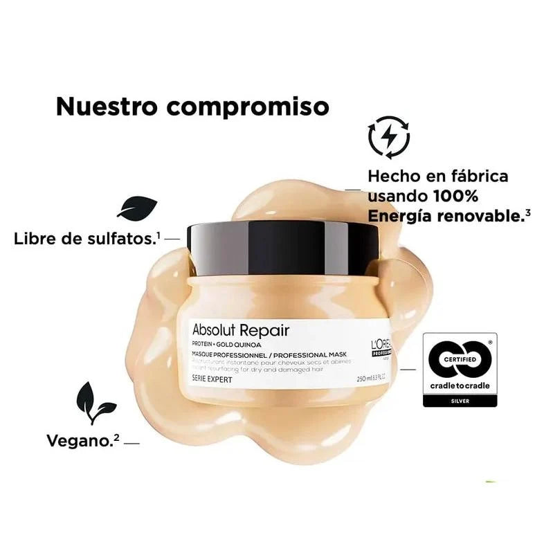 Mascarilla Loreal Professionnel Absolut Repair 250ml con proteina y quinoa dorada; grafico de formula vegana, libre de sulfatos y certificacion Cradle to Cradle Silver