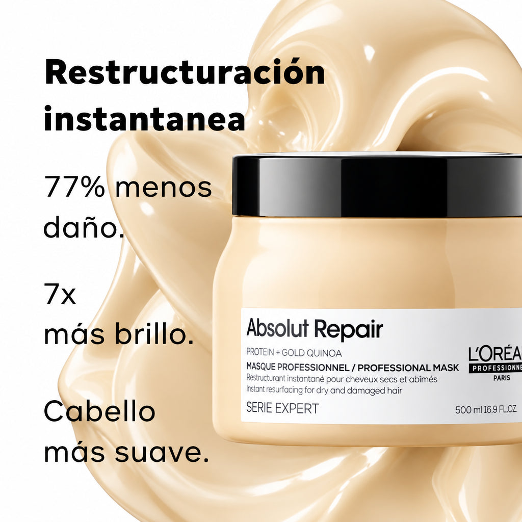 Mascarilla Loreal Professionnel Absolut Repair 500ml con proteina y quinoa dorada; grafico que indica 77% menos dano, 7 veces mas brillo y cabello mas suave