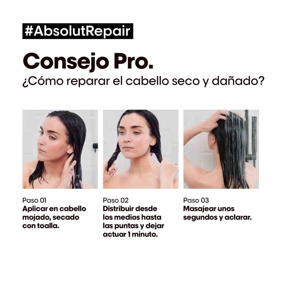 Guia de aplicacion de la mascarilla Absolut Repair: poner sobre cabello humedo secado con toalla, distribuir de medios a puntas, dejar actuar 10 minutos y aclarar