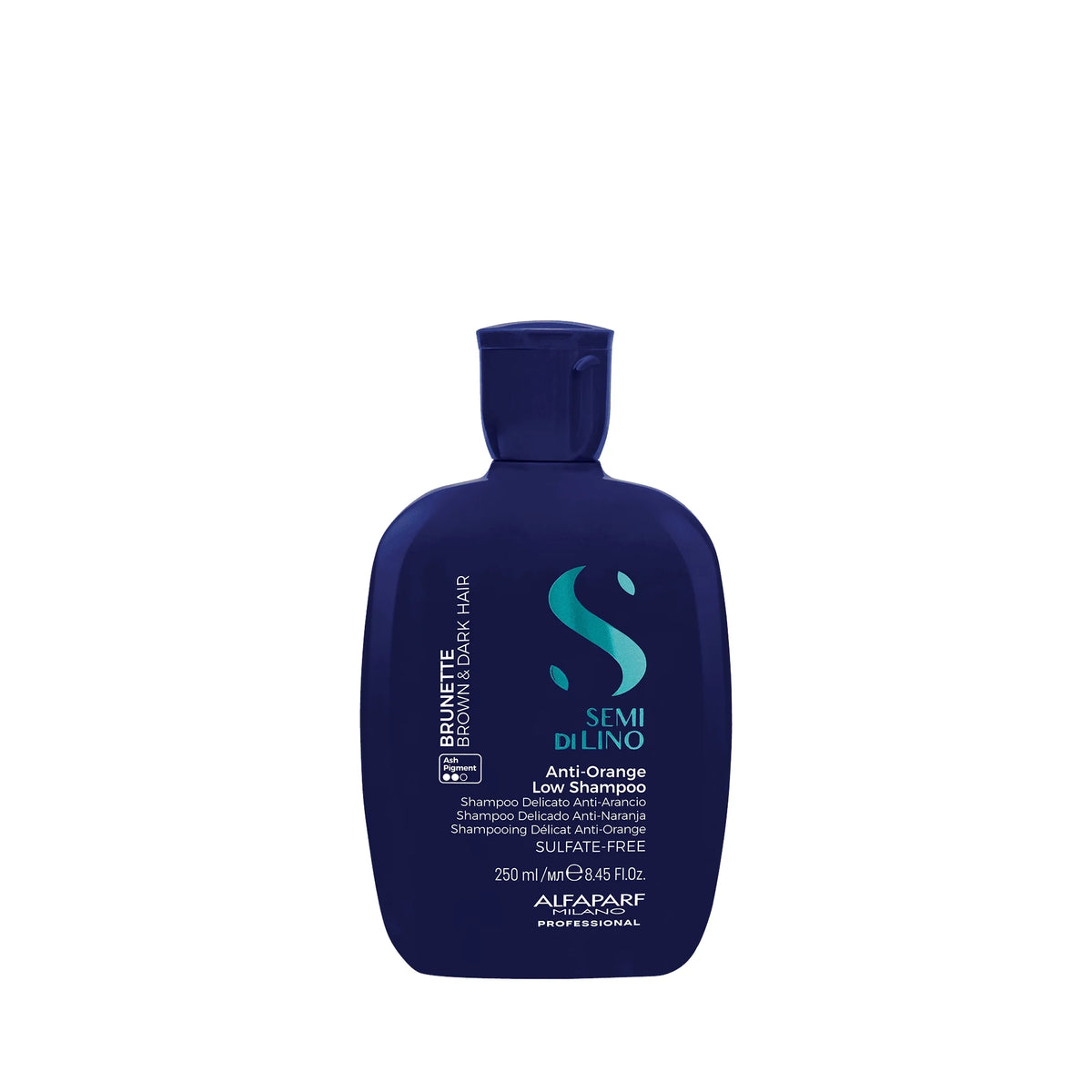 Alfaparf Brunette Anti-Orange Low Shampoo 250ml, champú azul para neutralizar reflejos anaranjados en cabello castaño.