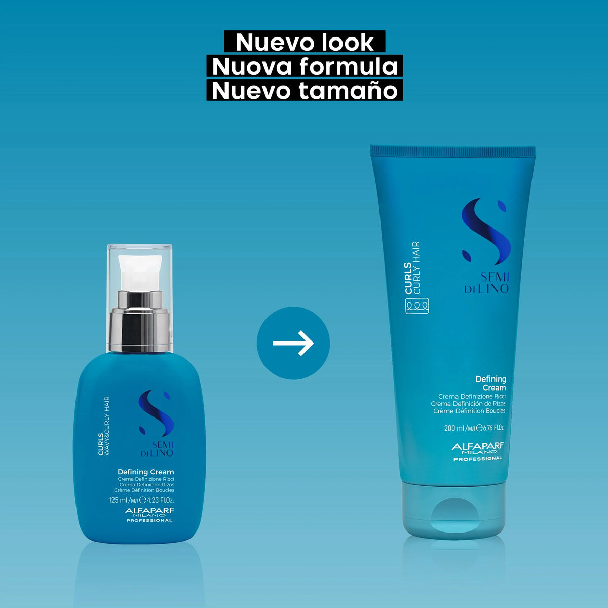 Alfaparf Curls Defining Cream, cambio del frasco anterior de 125ml al nuevo tubo de 200ml con fórmula renovada.