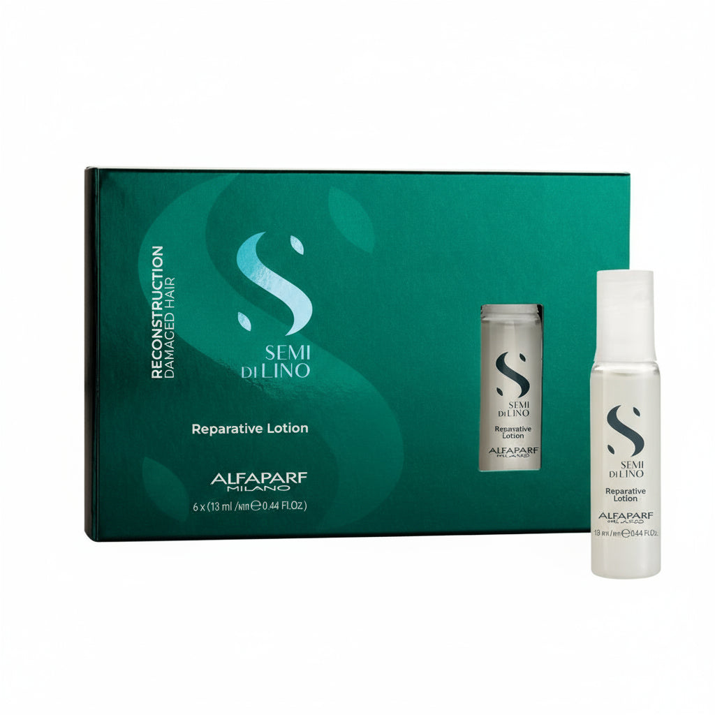 Caja de 6 ampollas Alfaparf Semi di Lino Reparative Lotion de 13ml, tratamiento sin enjuague para cabello dañado, más resistente, suave y brillante Majo Belleza Panamá.