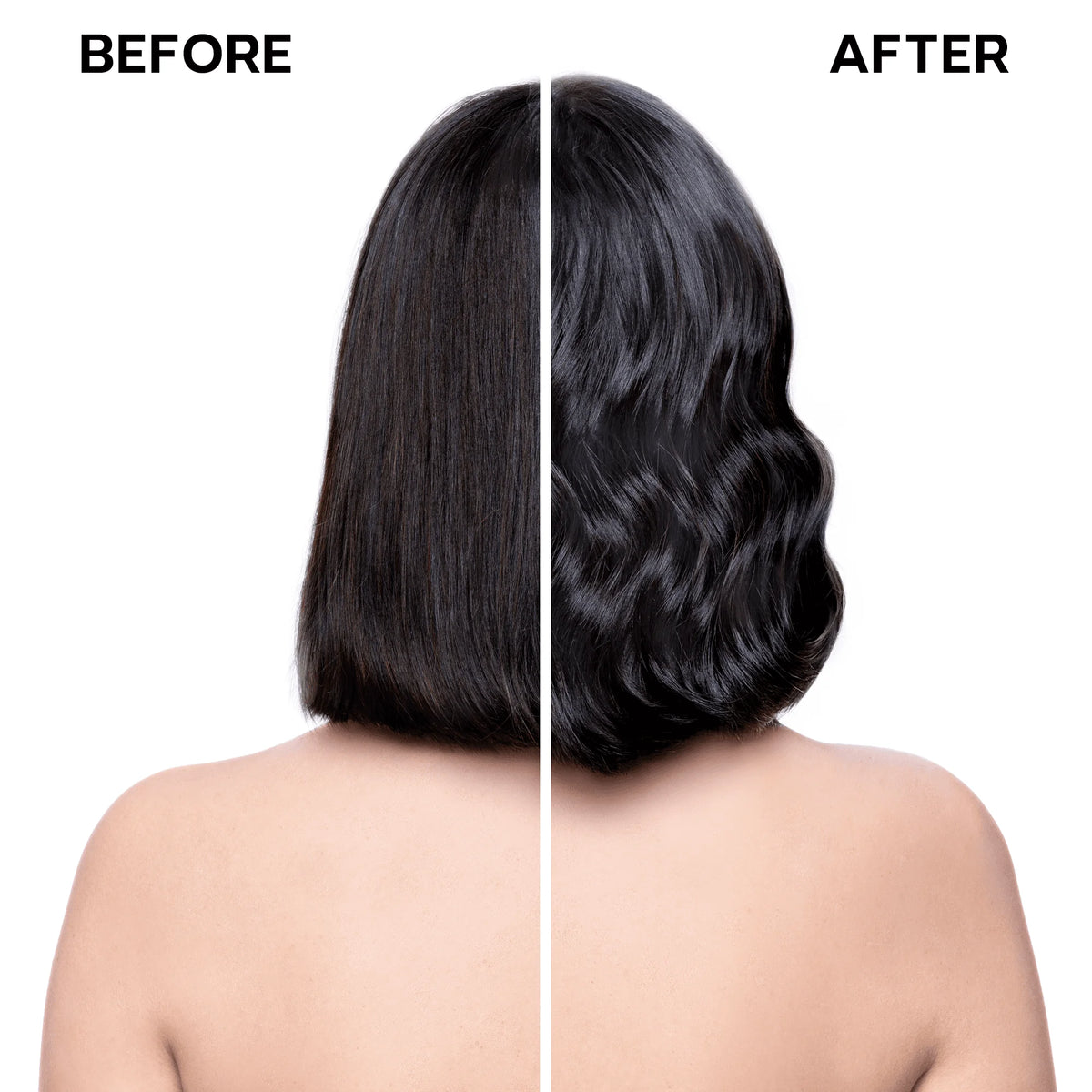 Antes y después de la línea Alfaparf Semi di Lino Brunette, cabello oscuro con apariencia más brillante y ondas definidas.