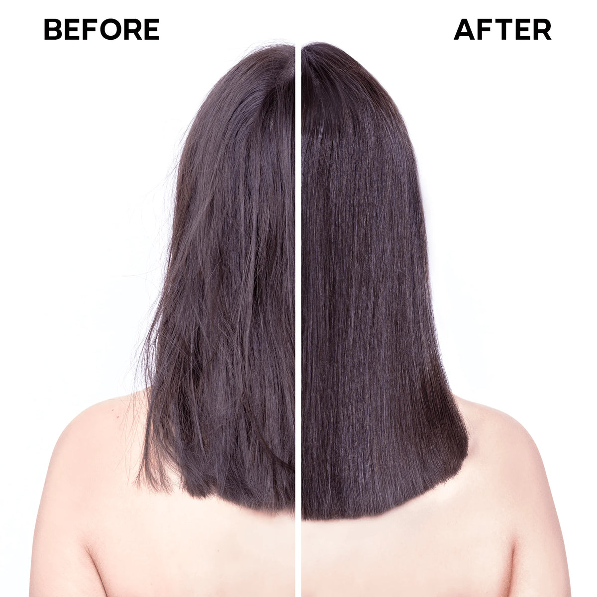 Comparativa de cabello oscuro antes y después, con apariencia más alineada y brillante en la imagen de después.
