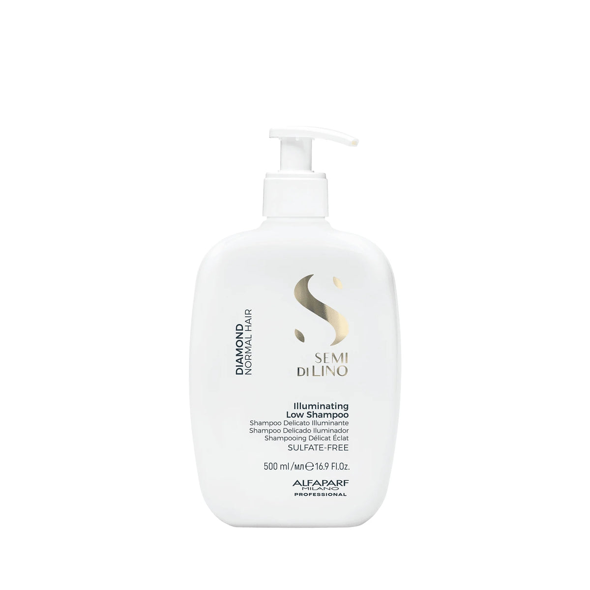 Alfaparf Semi di Lino Diamond Illuminating Low Shampoo 500 ml, shampoo sin sal para limpieza delicada, brillo y suavidad del cabello normal.