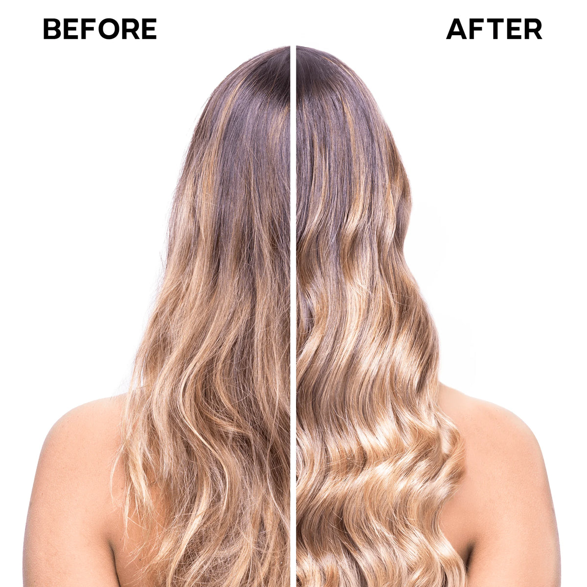 Alfaparf Semi di Lino Moisture. Comparación de cabello antes y después, con un acabado más brillante y definido.