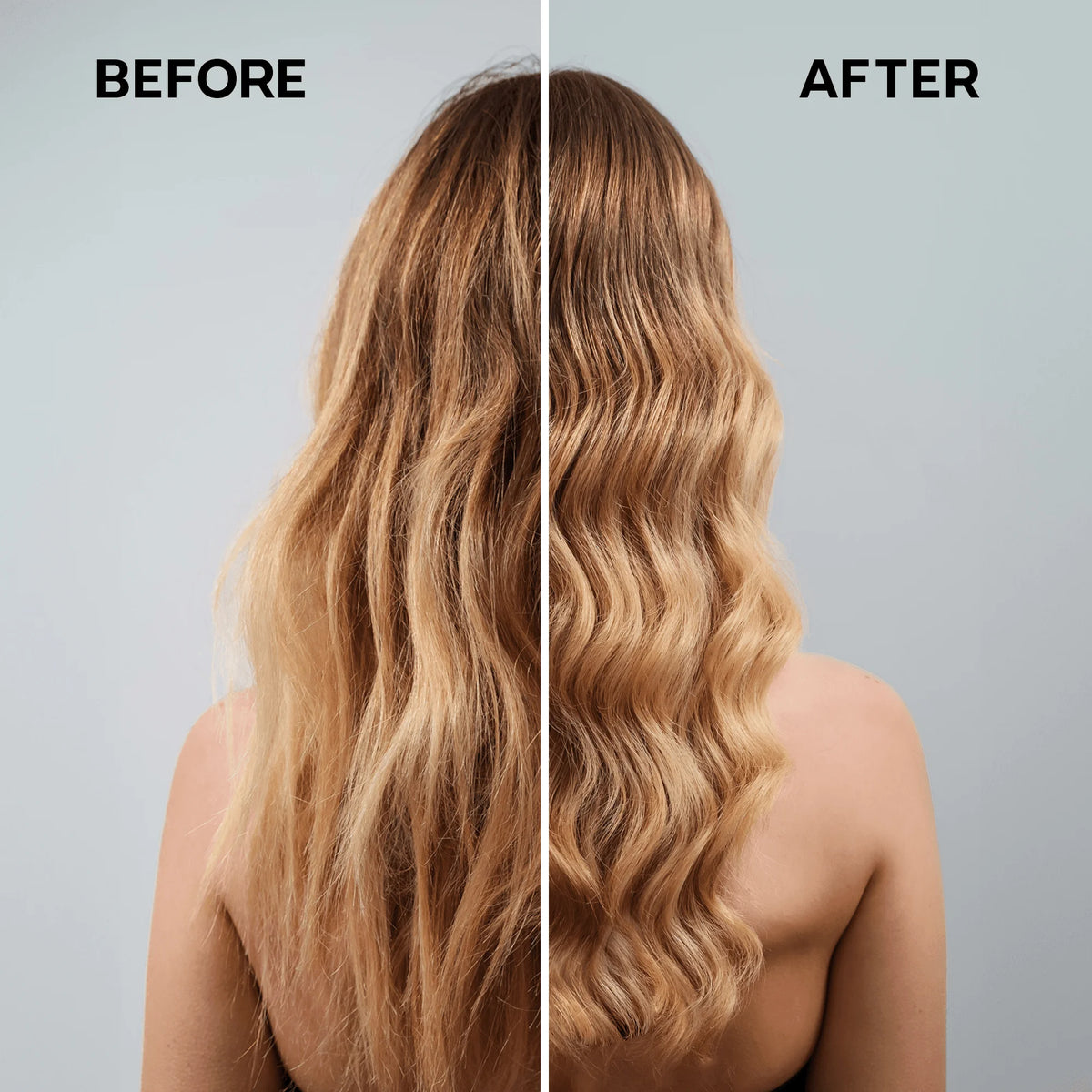 Alfaparf Semi di Lino Reconstruction, comparación de cabello antes y después con un acabado más uniforme y definido.