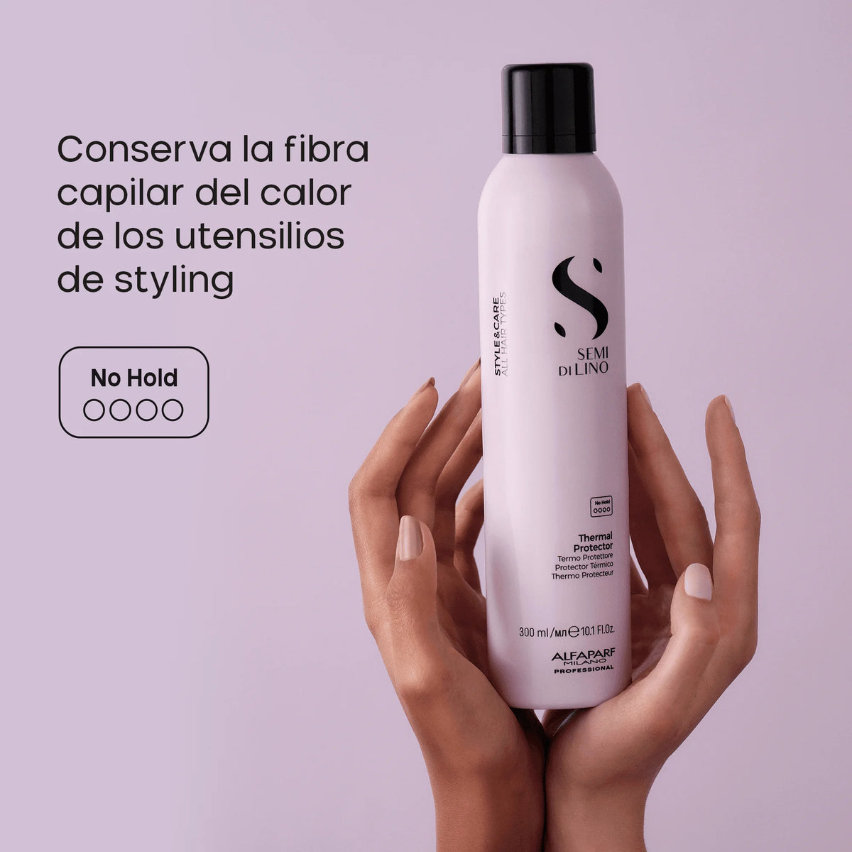Alfaparf Semi di Lino Thermal Protector 300 ml junto a toallas, con símbolos de protección térmica, fragancia y fórmula vegana.