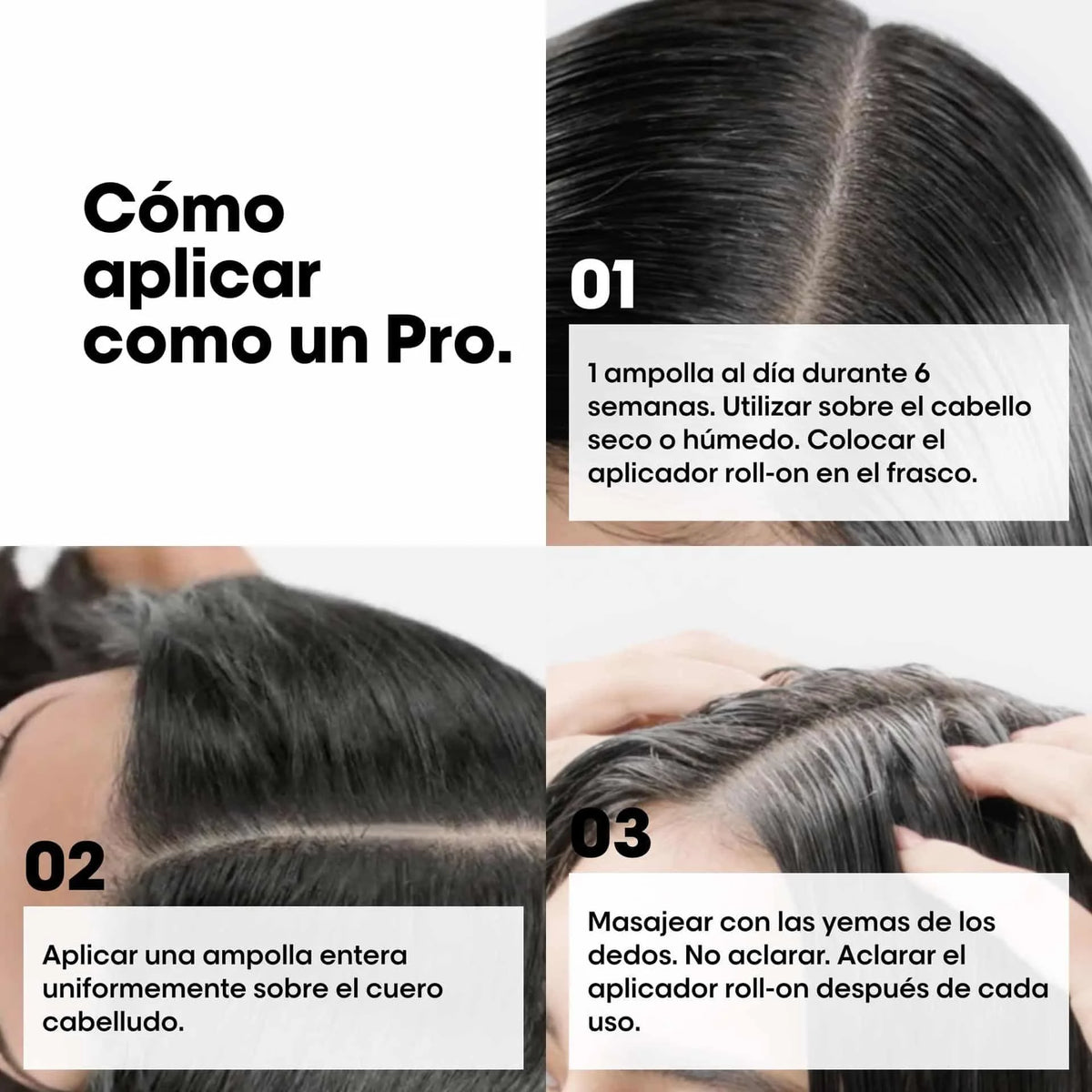 Como aplicar Aminexil Advanced Loreal Professionnel — 1 ampolla diaria 6 semanas cuero cabelludo masajear no aclarar Serie Expert Panama