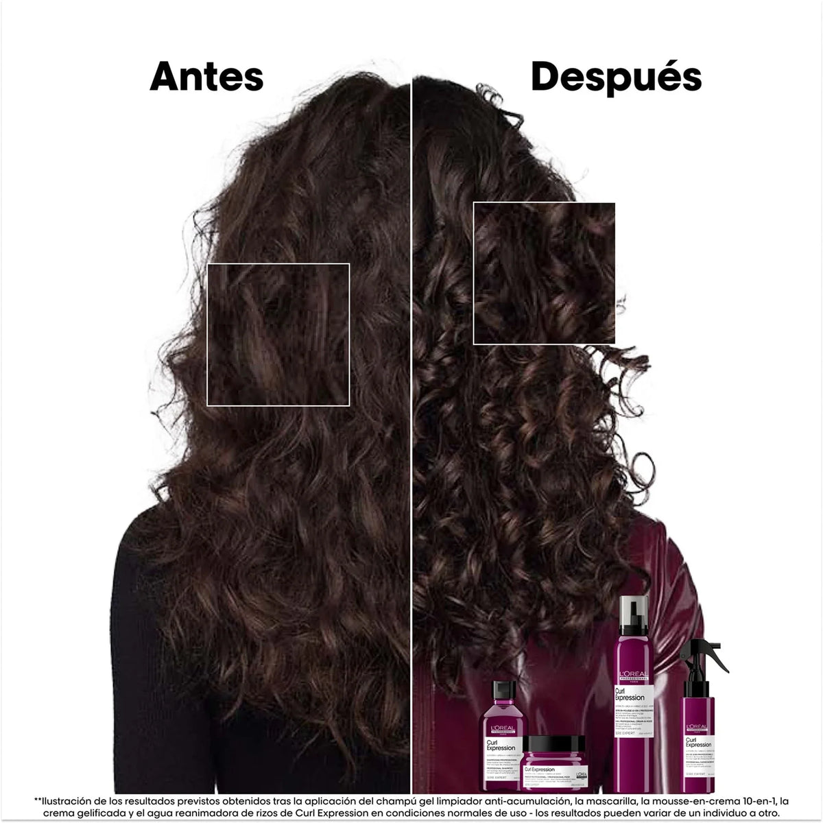 Comparacion antes y despues de la rutina Curl Expression: rizos con mayor definicion y forma