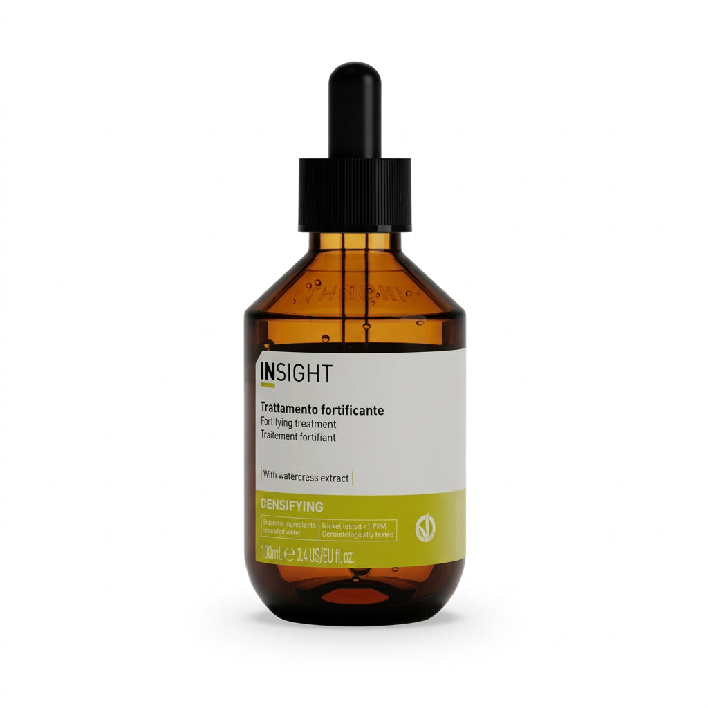 Tratamiento fortificante Insight Densifying 100 ml con extracto de berro para cabello fino y débil, en frasco con gotero Majo Belleza Panamá.