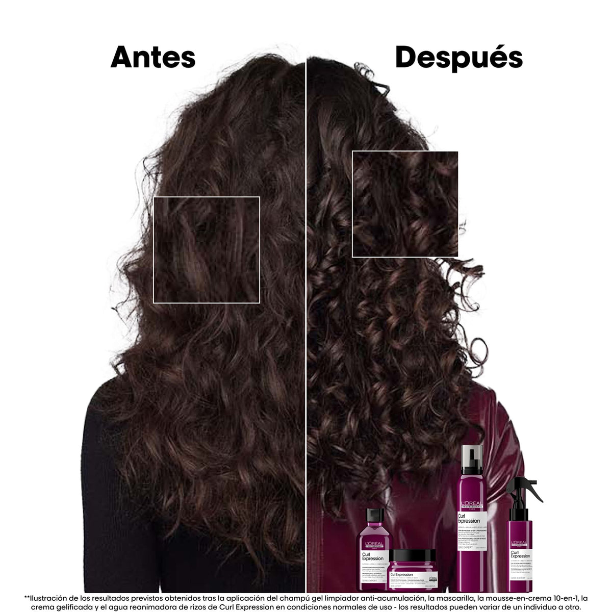 Comparacion antes y despues de cabello ondulado y rizado con la rutina Loreal Curl Expression; resultados ilustrativos