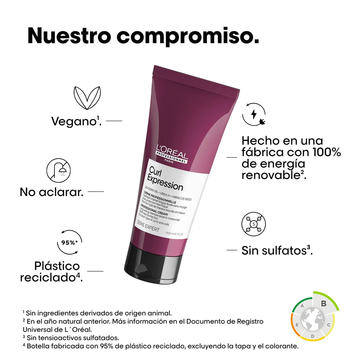 Infografia de Loreal Curl Expression Professional Cream 200ml con datos sobre formula vegana, ausencia de sulfatos y envase reciclado
