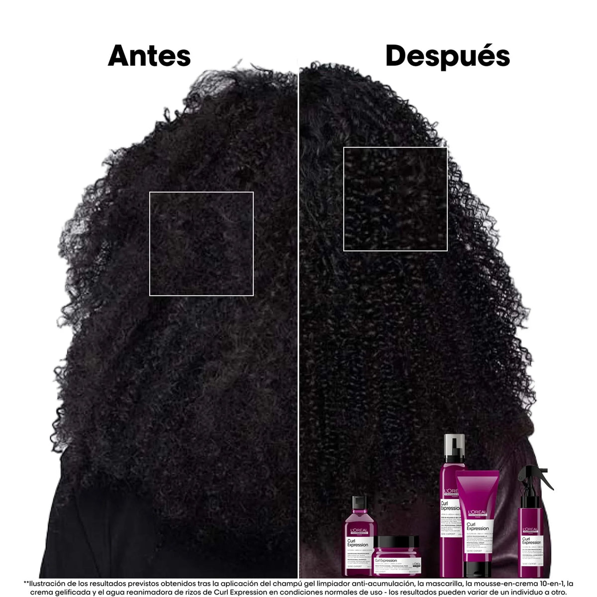 Comparacion antes y despues de cabello muy rizado con la rutina Loreal Curl Expression; resultados ilustrativos