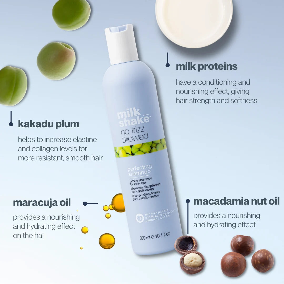 Milk Shake No Frizz Allowed Perfecting Shampoo 300ml beneficios — shampoo antifrizz suavidad manejabilidad fortalecimiento cuidado diario Majo Belleza Panama