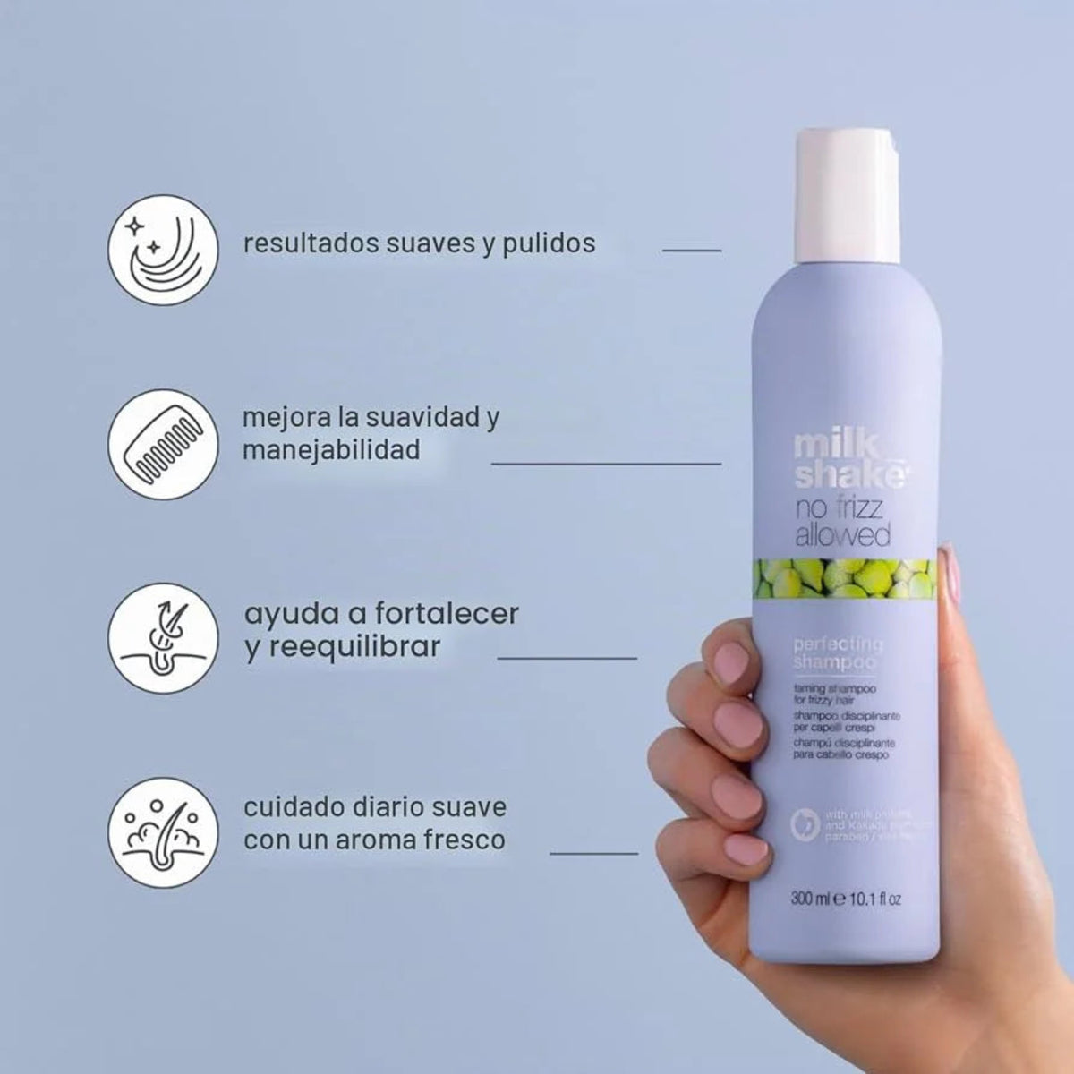Milk Shake No Frizz Allowed Perfecting Shampoo 300ml ingredientes — proteinas de leche Ciruela Kakadu aceite de macadamia aceite de maracuya Majo Belleza Panama