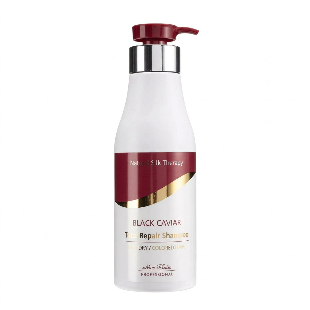 Mon Platin Black Caviar Total Repair Shampoo 500ml para cabello seco y tratado químicamente, aporta suavidad y brillo Majo Belleza Panamá.