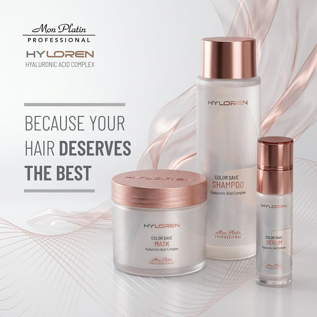 Rutina Mon Platin Hyloren Color Save con shampoo, mascarilla y sérum para complementar la hidratación, suavidad y brillo del cabello teñido Majo Belleza Panamá.