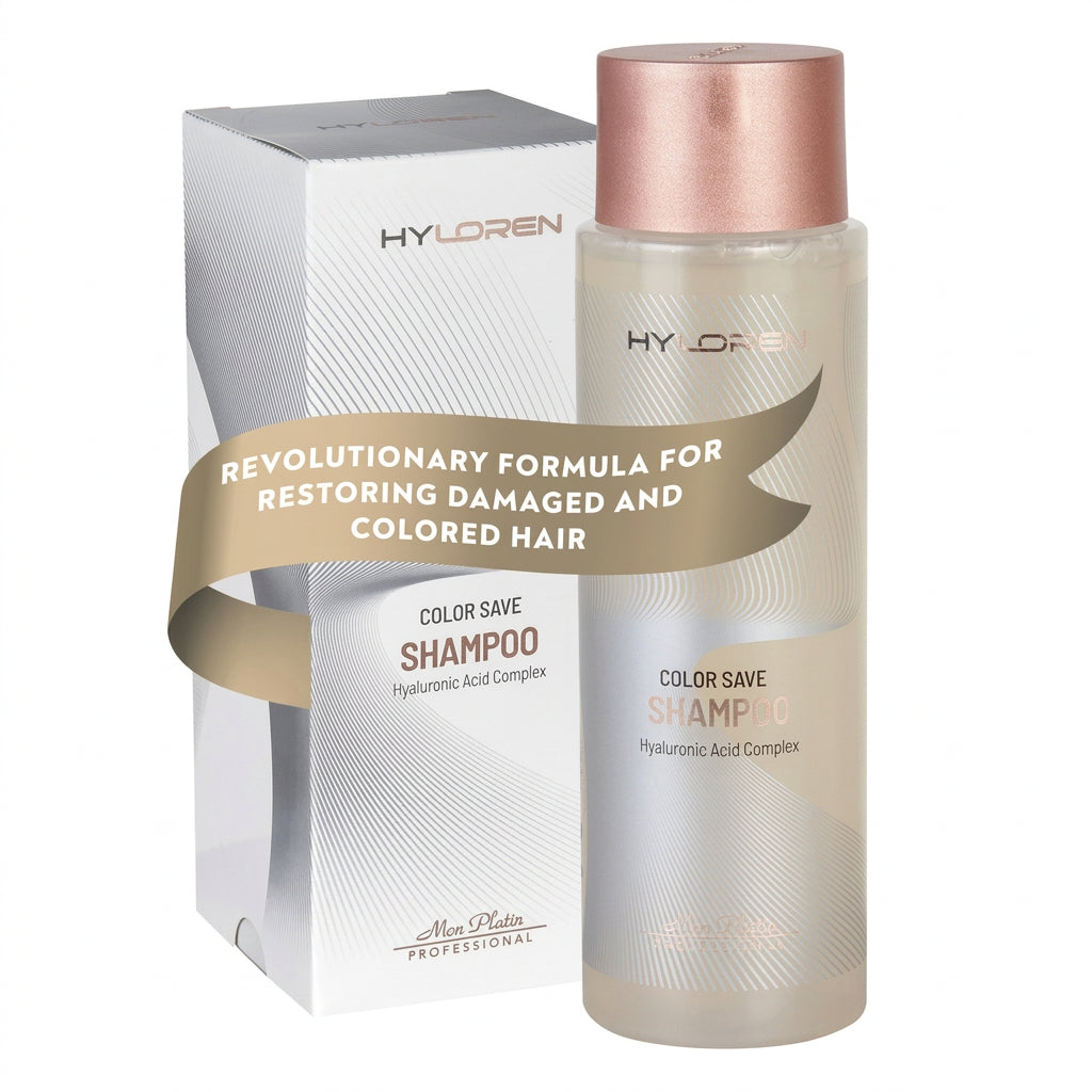 Rutina Mon Platin Hyloren Color Save con shampoo, mascarilla y sérum para complementar la hidratación, suavidad y brillo del cabello teñido Majo Belleza Panama.