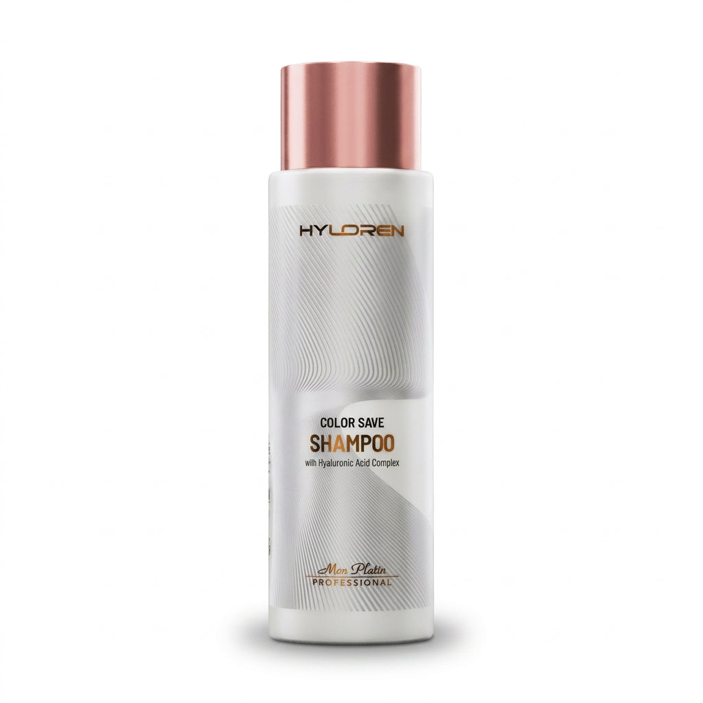  Mon Platin Hyloren Color Save Shampoo 500ml, frasco y caja, para el cuidado del cabello teñido y dañado con ácido hialurónico Majo Belleza Panamá