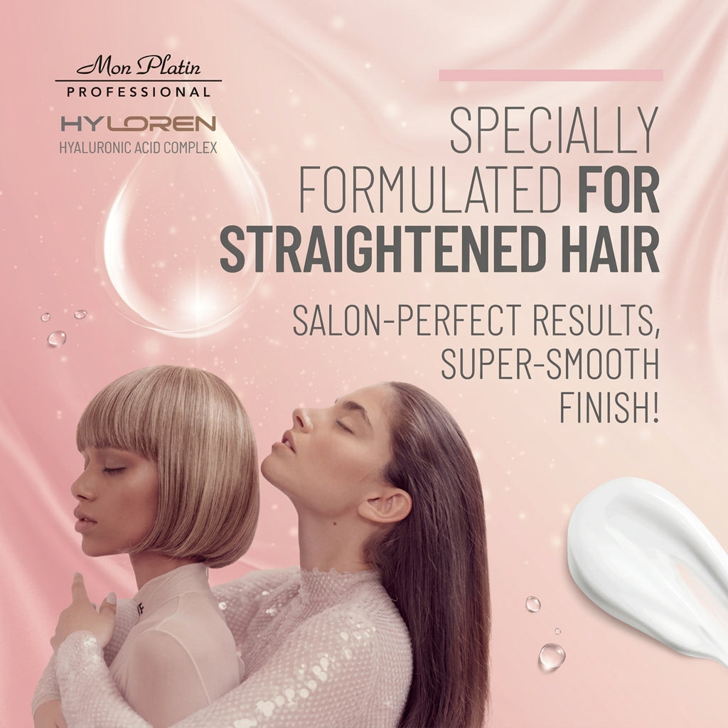 Texto alternativo: Mon Platin Hyloren Smoother, tratamiento para cabello alisado que favorece la suavidad y un acabado uniforme, con dos modelos de cabello liso Majo Belleza Panamá.