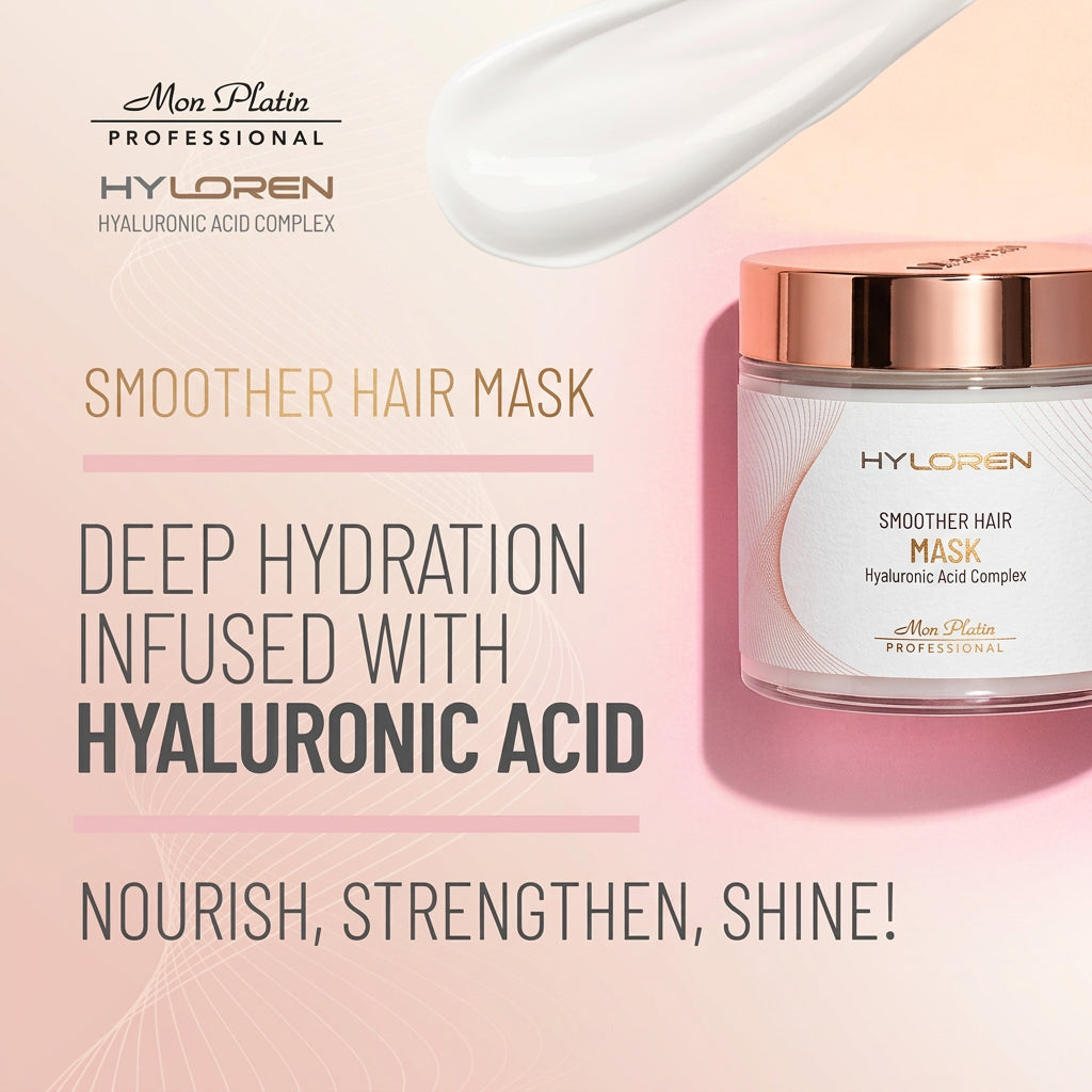 Texto alternativo: Mascarilla y tratamiento Mon Platin Hyloren Smoother con ácido hialurónico para hidratación profunda, nutrición y brillo del cabelloMajo Belleza Panamá.