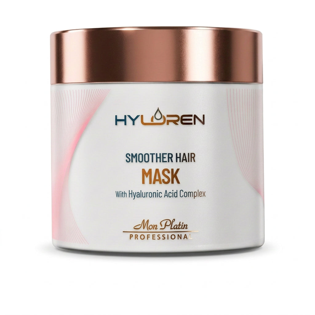 Texto alternativo: Mon Platin Hyloren Smoother Hair Mask 500ml, mascarilla con ácido hialurónico que aporta hidratación y suavidad al cabello alisado Majo Belleza Panamá.