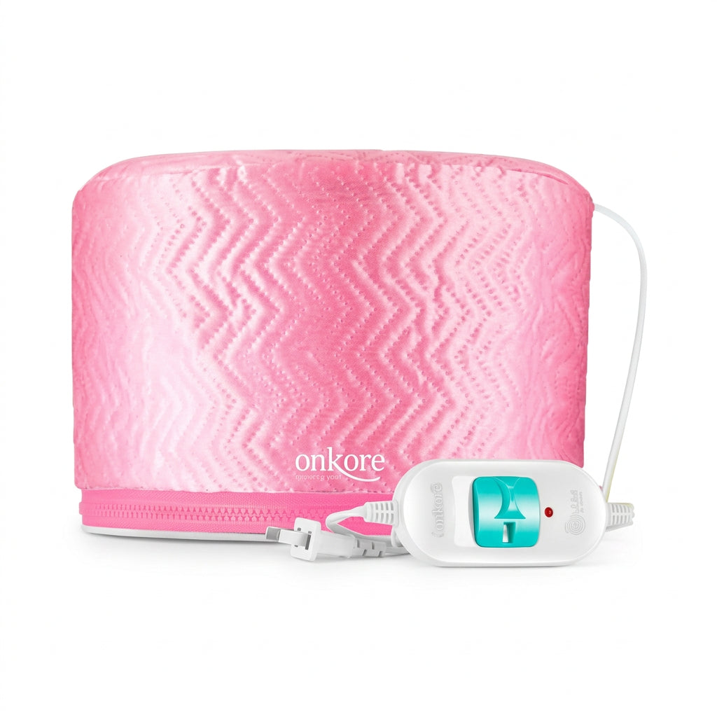 Gorro térmico eléctrico rosado Onkore Professional con control de temperatura, para aportar calor y complementar mascarillas y tratamientos capilares.