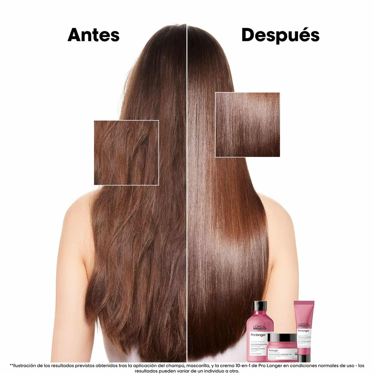 Antes y despues Pro Longer Loreal Professionnel — Cabello largo mas liso suave y brillante con Shampoo Mask Creme 10-in-1 Serie Expert Panama