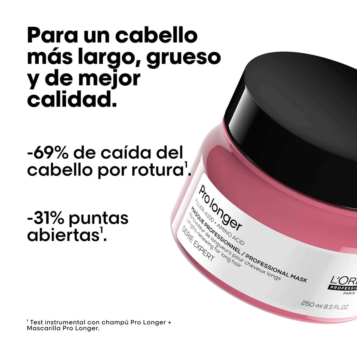 Loreal Pro Longer Mask 250ml resultados — menos 69% caida por rotura menos 31% puntas abiertas cabello largo grueso mejor calidad Panama