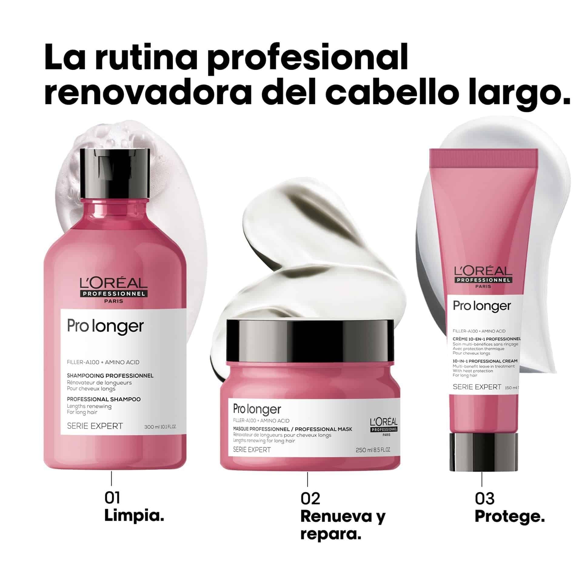 Rutina Pro Longer Loreal Professionnel Serie Expert — Shampoo Mask Creme 10-in-1 cabello largo Panama Majo Belleza