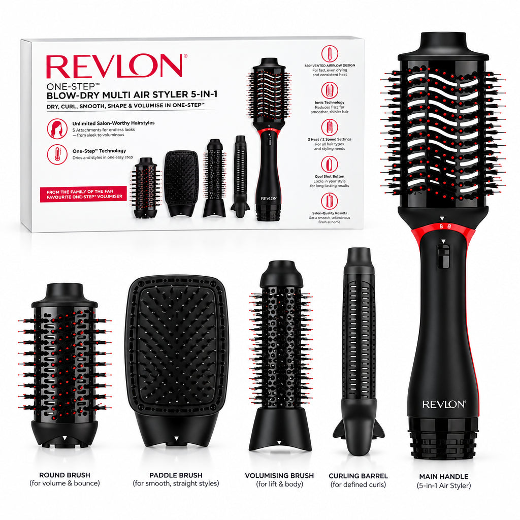 Revlon One-Step Blow-Dry Multi Air Styler 5-in-1 con cepillos ovalado, redondo y paddle, y curler de flujo de aire 360°.
